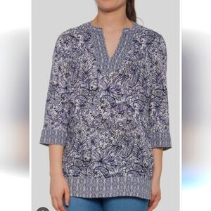 Sigrid Olsen 100% Linen Blue White Tunic Top Size Large